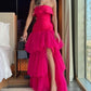 Hot Pink Elegant Charmant Niedlich Herzausschnitt A-Linie Off-the-Shoulder Ballkleid Lagen Tüll Langer Schlitz Abendkleid Ballkleid Abendkleid Partykleid nv2501
