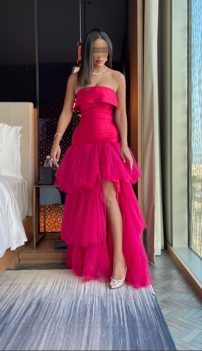 Hot Pink Elegant Charmant Niedlich Herzausschnitt A-Linie Off-the-Shoulder Ballkleid Lagen Tüll Langer Schlitz Abendkleid Ballkleid Abendkleid Partykleid nv2501