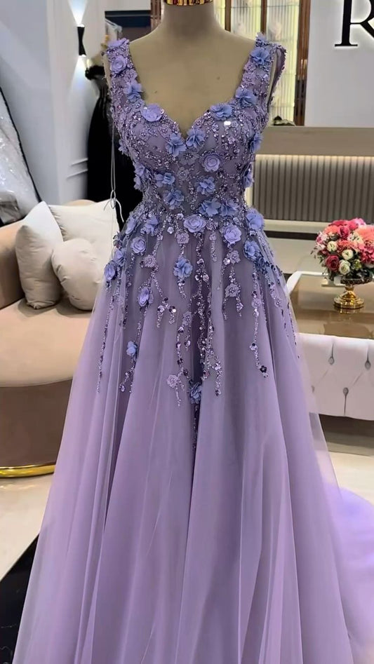 Purple-Tone Luxury Fairy Style Deep V Gown | Gradient Purple 3D Flower Beaded Tulle Ballgown Maxi Dress for Gala Engagement High-End Social Event NV6288