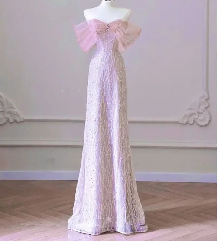 Light Pink Shiny Elegant Delicate Beaded Sweetheart Neck Long Tulle Sequin Ball Gown Evening Dress Party Dress nv3783
