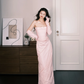 Blush Pink Strapless Ruched Evening Gown with Gloves  NV7298