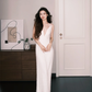 White Halter Grid Beaded Fringe Evening Gown  NV7224