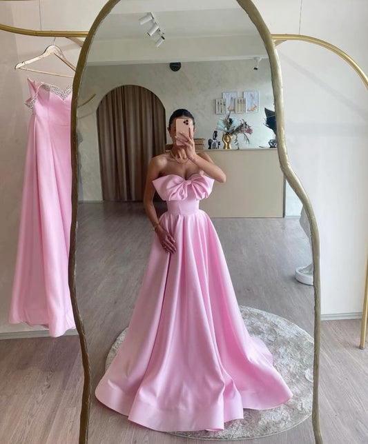 Robe de soirée longue simple à nœud rose, robe de soirée de mariage/anniversaire, ligne A, épaules dénudées, sans manches, en satin, pour femme nv3054