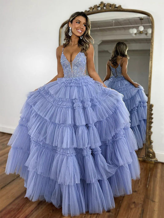 Robe de bal longue bleue en tulle et dentelle à col en V, robe de soirée longue bleue nv1500