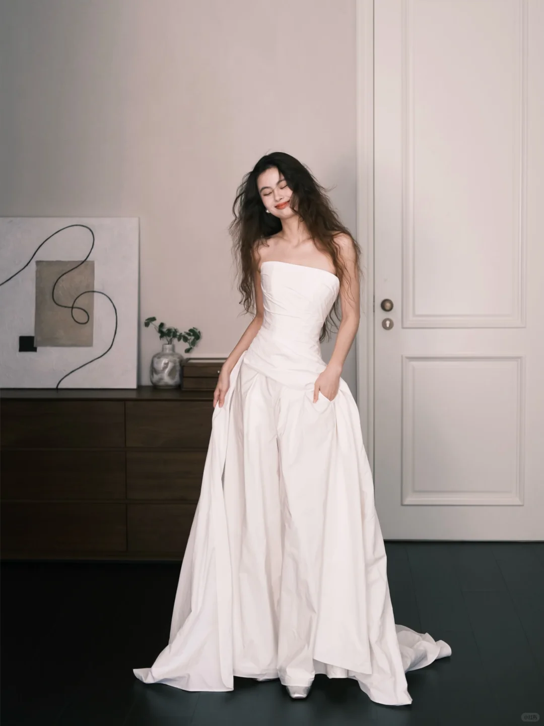 Strapless Ruched White Bridal Jumpsuit with Pockets & Train  NV7365