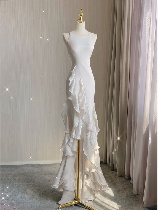 White Shiny Fashion Spaghetti Straps Long Satin Backless Long Ball Gown Evening Dress Party Dress nv3581