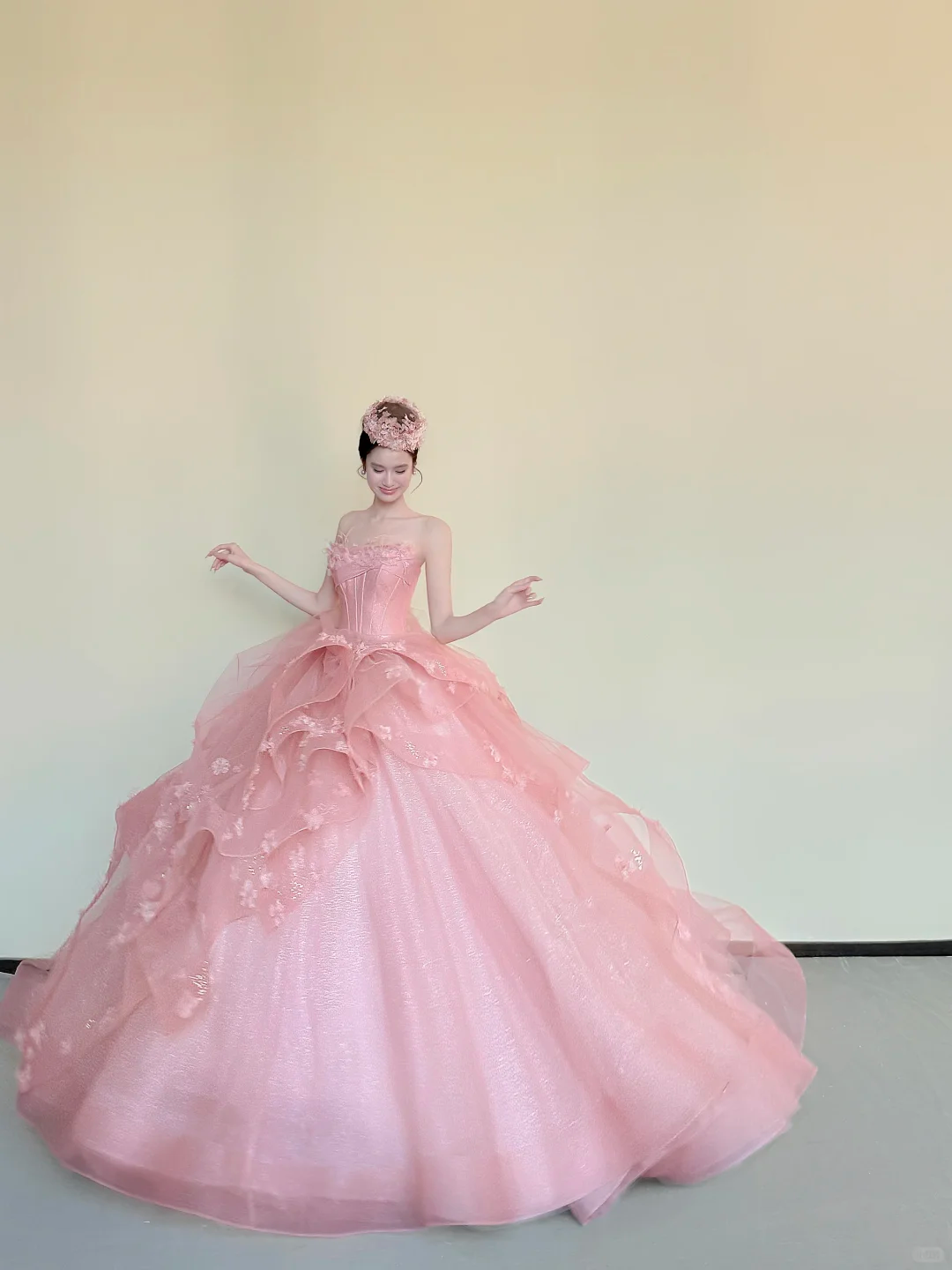 Strapless Pink Corset Prom Dress, 3D Flower Ruffle Glitter Tulle Princess Ball Gown  NV7420
