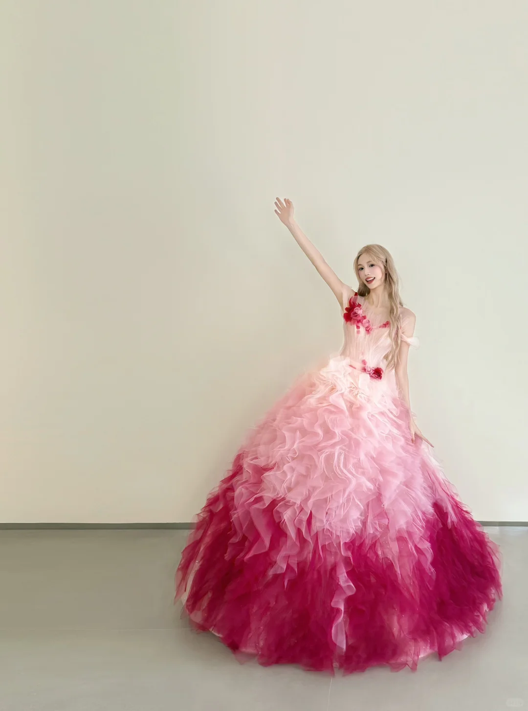 Ombre Fuchsia Strapless Tulle Ball Gown 3D Floral Prom Dress  NV7178