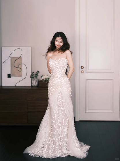 3D Floral Tulle Mermaid Wedding Dress Strapless Bridal Gown  NV7311