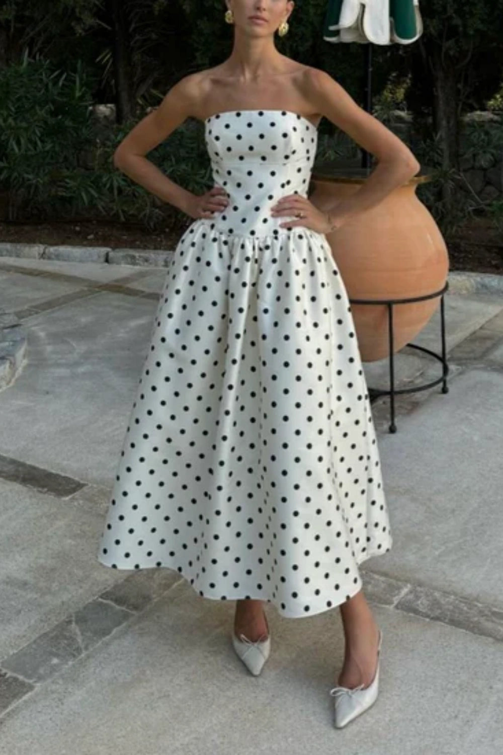 White polka dot fashionable mid-length chiffon homecoming dress birthday party dress nv5283