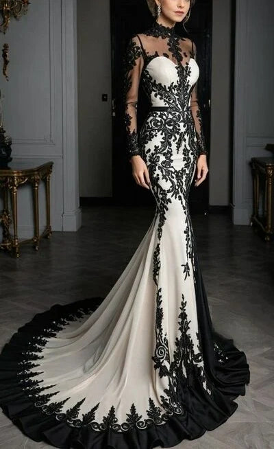 Baroque Court Style Black & White Lace Sheer High-Neck Long-Sleeve Mermaid Train Gown - High-End Dress for Dinner & Ball NV6336