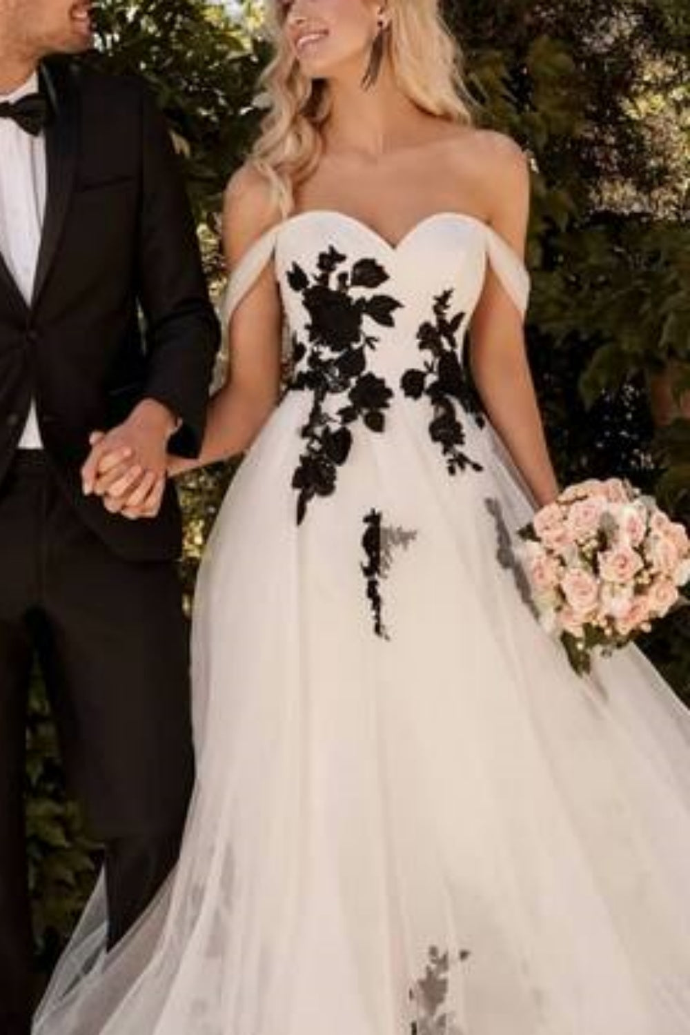 Vintage Romantic Style Tulle Black Rose Embroidery Off-Shoulder Train Ballgown Light Wedding Dress - Elegant Gown for Garden Wedding & Engagement NV6338