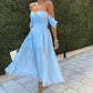 Sky Blue Chiffon A-Line Off Shoulder Midi Homecoming Dress Party Gown nv2235