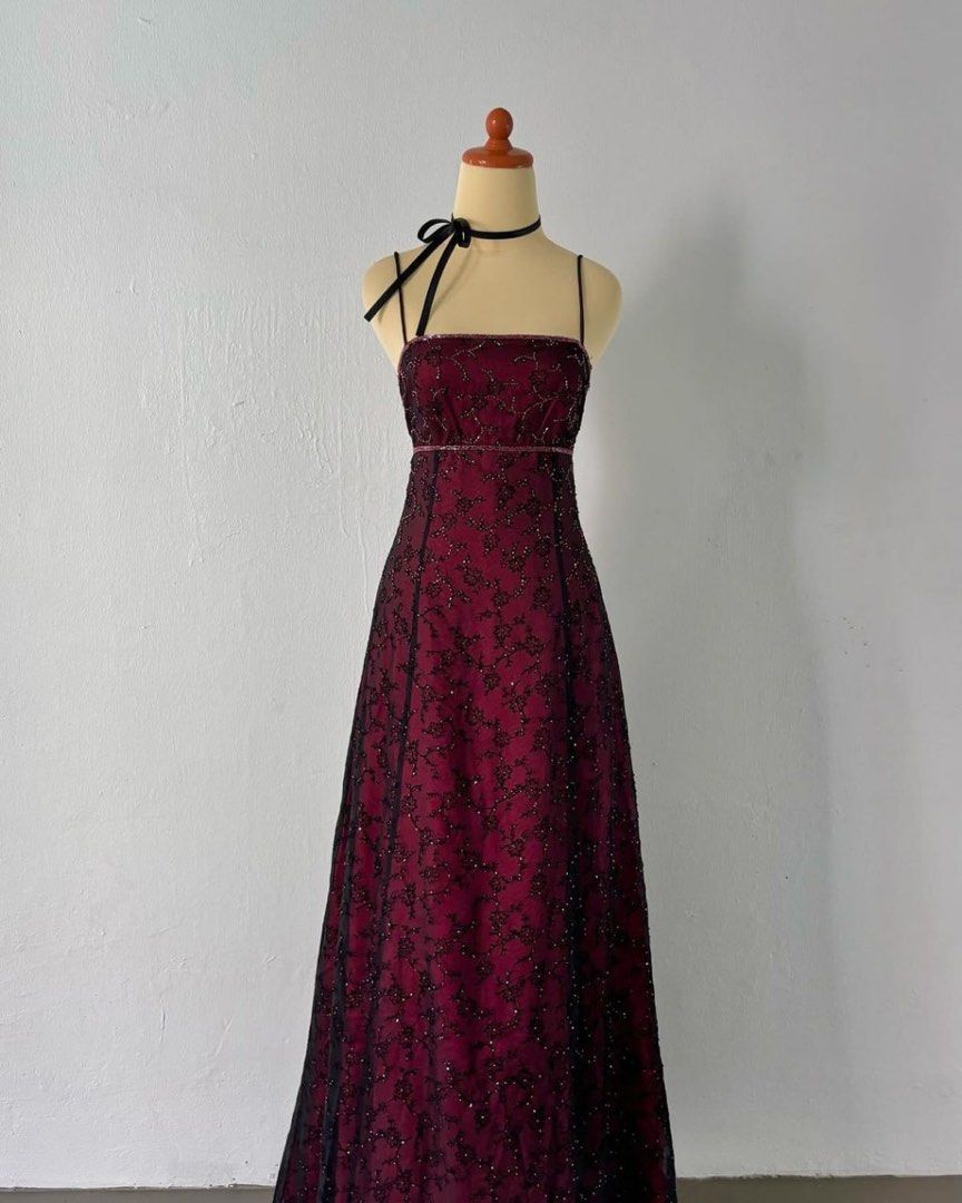 NiceVestidos--Burgundy Retro Exquisite Floral Long Chiffon Prom Dress Homecoming Dress Fairy Dress Nv5586