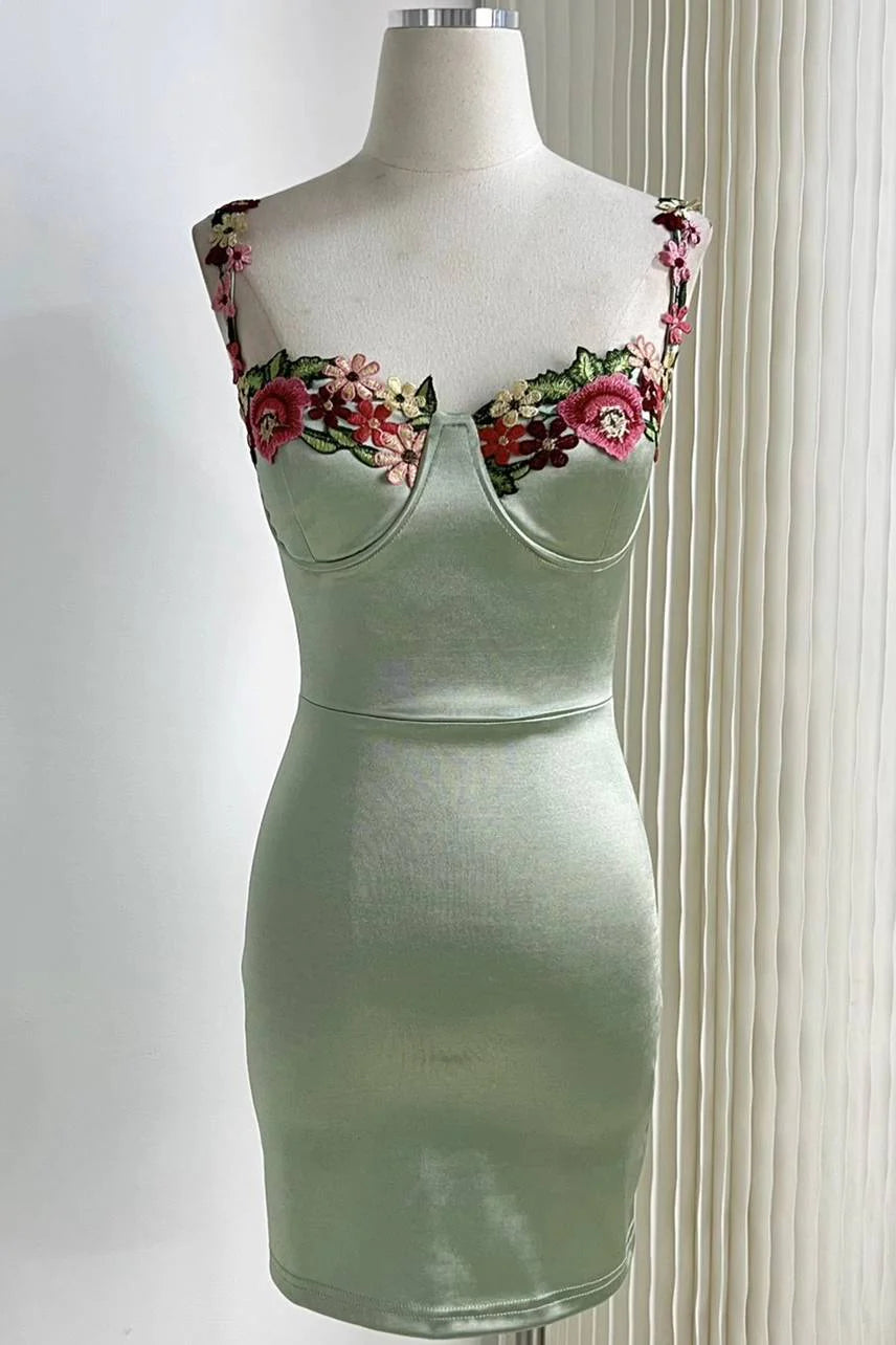 Sage Green Stylish Elegant Delicate Floral Embroidery Short Satin Party Dress Prom Dress Evening Dress Prom Dress nv4035