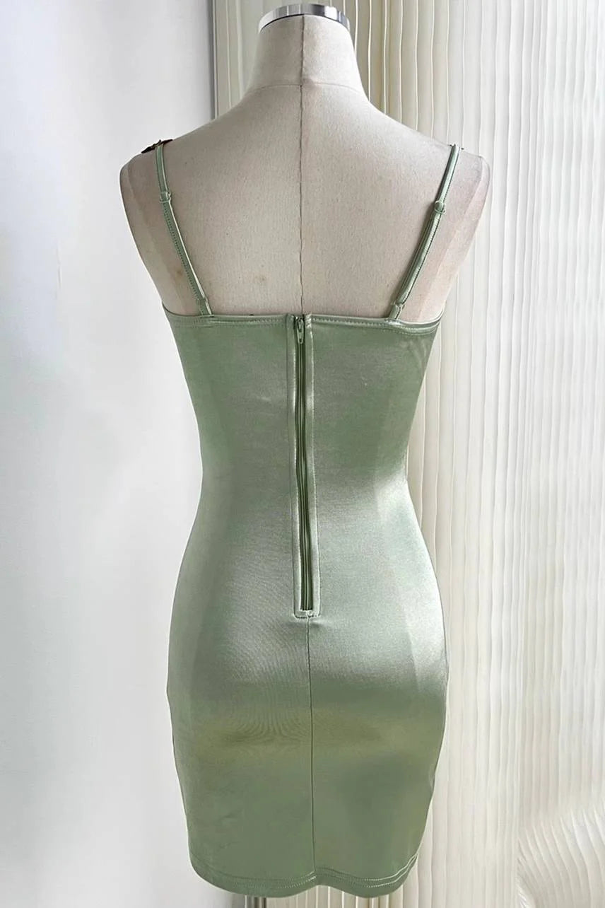 Sage Green Stylish Elegant Delicate Floral Embroidery Short Satin Party Dress Prom Dress Evening Dress Prom Dress nv4035