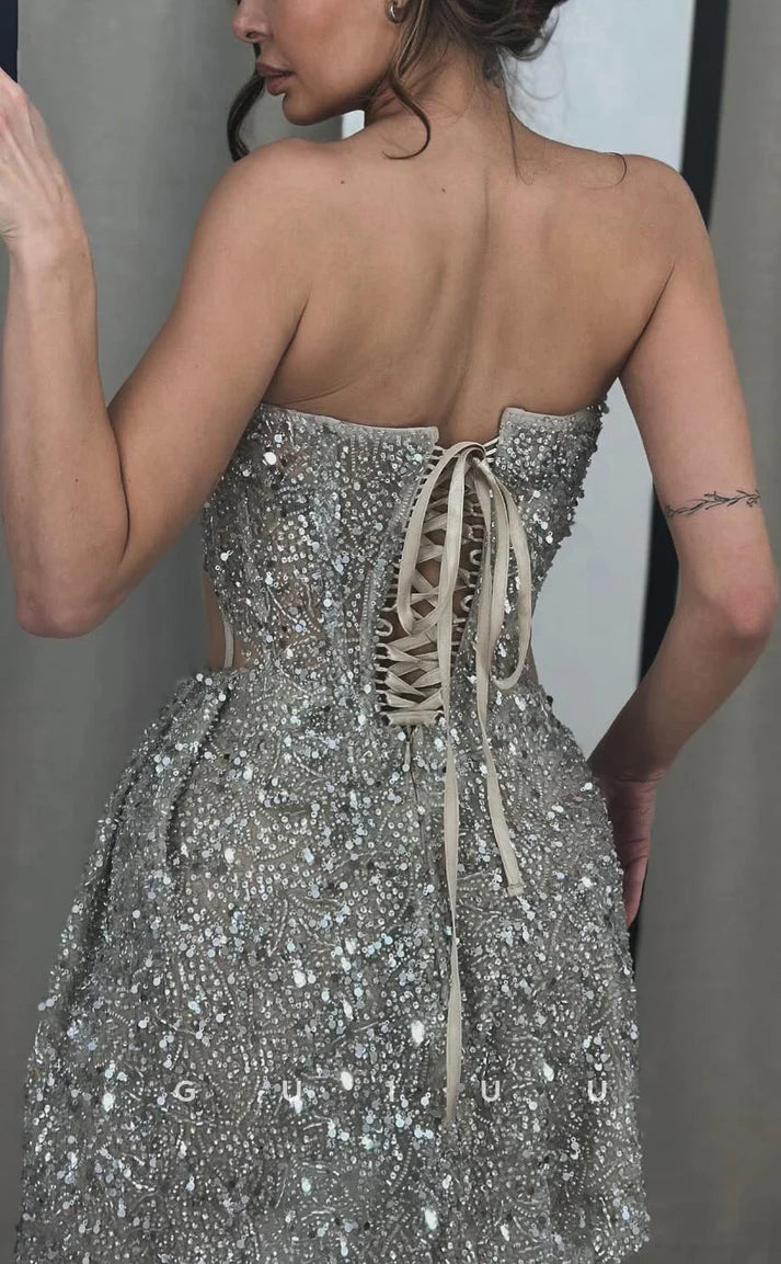 Robe de soirée trapèze à épaules dénudées sans manches avec lacets et paillettes en cristal nv1765