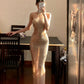 Shiny and elegant slim fit long suspender party dress, party girl exclusive dress NV6590