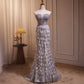 Robe de soirée longue sirène en tulle pailleté à épaules dénudées avec plumes perlées nv2048