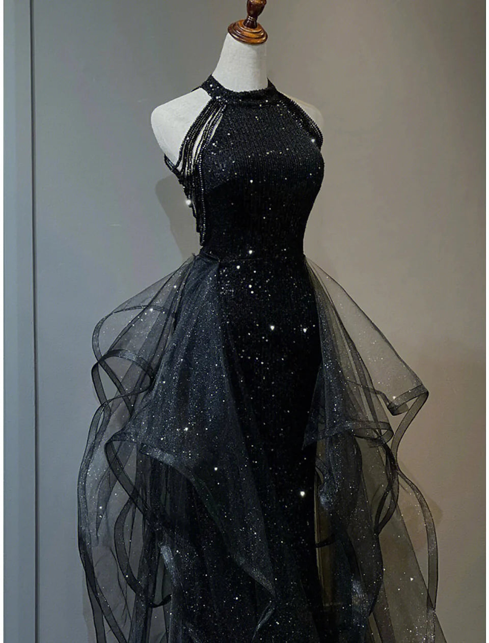 Black Shiny Elegant A-line Floor-length Sequined Ball Gown Evening Dress Prom Dress nv3949