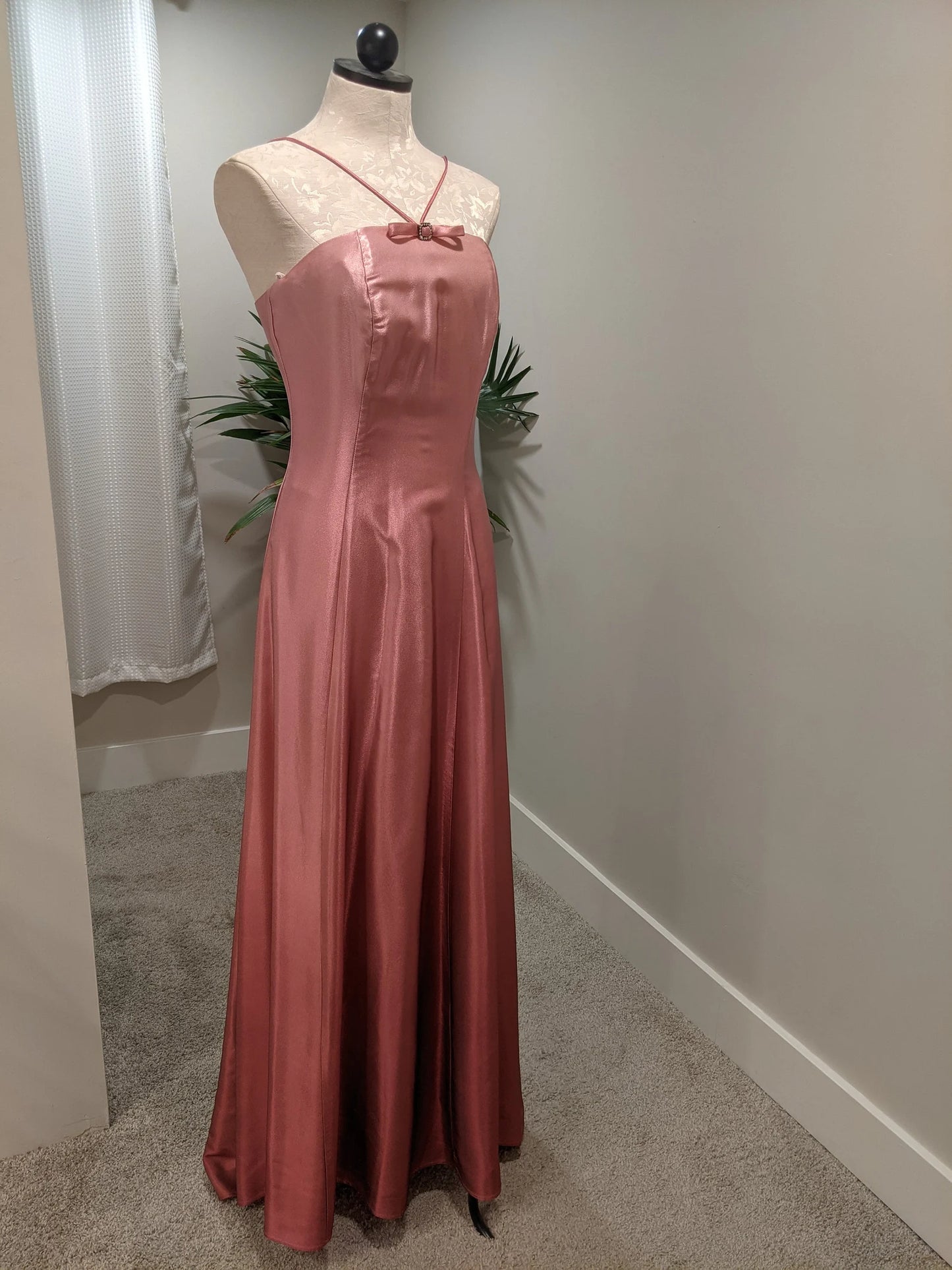 Pink Simple Fashion Elegant Bow Decoration Suspender Long Satin Floor Length Ball Gown Evening Dress Prom Dress Wedding Guest Party Dress Bridesmaid Dress nv3942