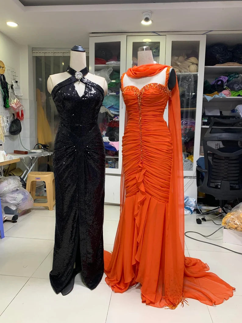 Orange Vintage Elegantes Perlenbesetztes Slim Fit Langes Tüll Ballkleid Abendkleid nv3123