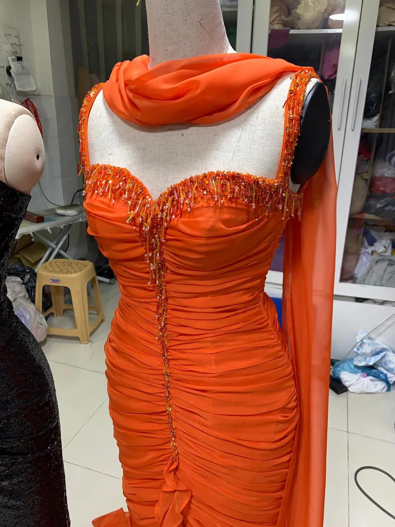 Orange Vintage Elegantes Perlenbesetztes Slim Fit Langes Tüll Ballkleid Abendkleid nv3123
