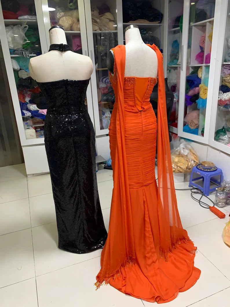 Orange Vintage Elegantes Perlenbesetztes Slim Fit Langes Tüll Ballkleid Abendkleid nv3123