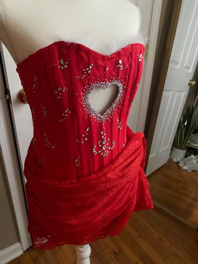 Red Sweet Cute Exquisite Rhinestone Lace Short Mini Homecoming Dress Birthday Party Dress nv3885