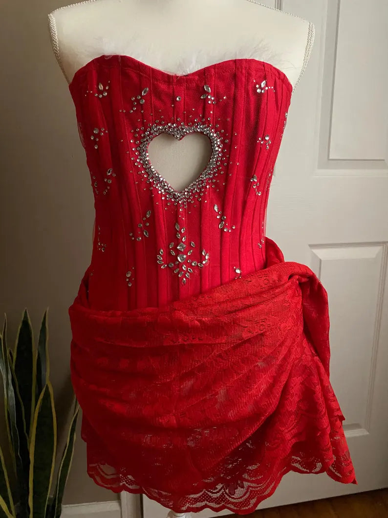 Red Sweet Cute Exquisite Rhinestone Lace Short Mini Homecoming Dress Birthday Party Dress nv3885
