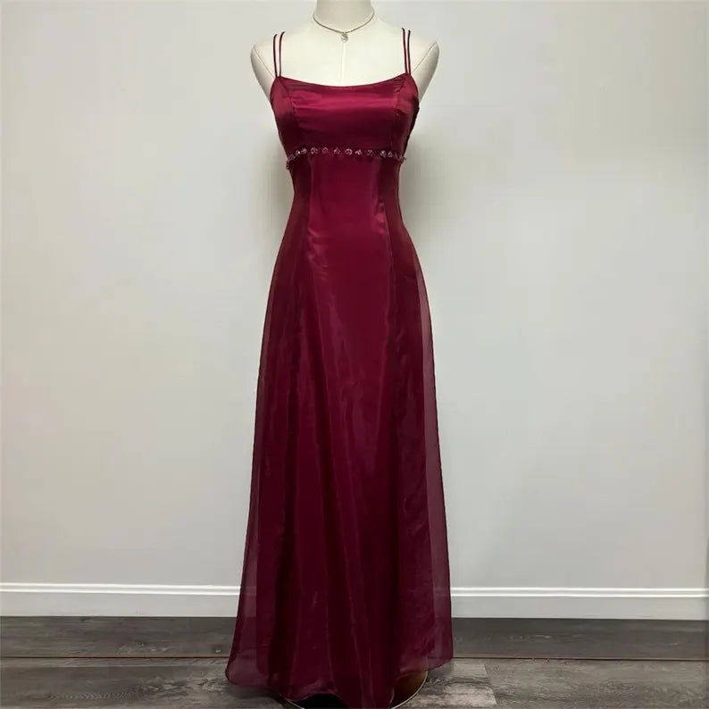 Robe de soirée élégante en satin rouge foncé bordeaux, style rétro, simple, brillante, exquise, à lacets, avec perles, longue, robe de bal, robe de soirée, robe de soirée nv3709