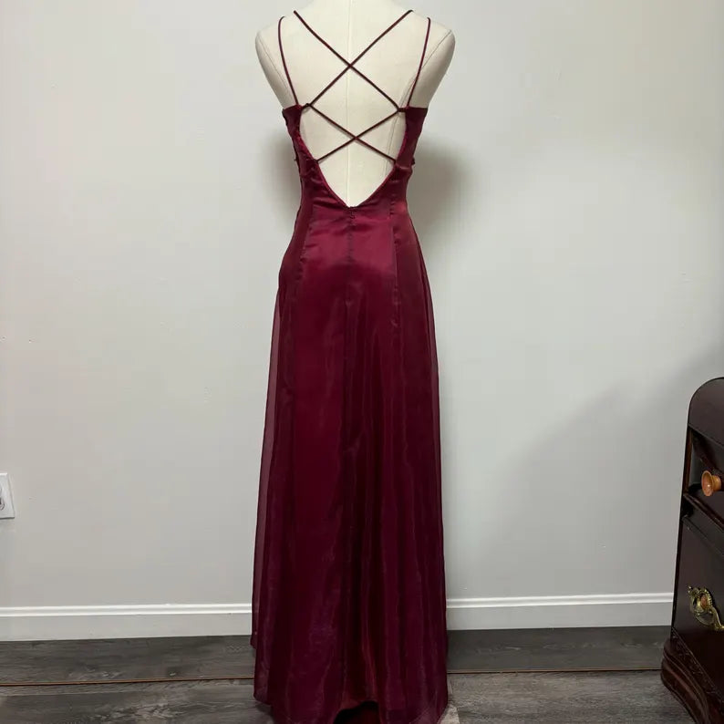 Robe de soirée élégante en satin rouge foncé bordeaux, style rétro, simple, brillante, exquise, à lacets, avec perles, longue, robe de bal, robe de soirée, robe de soirée nv3709