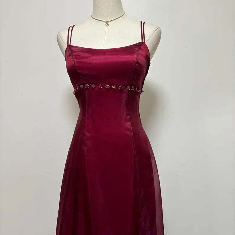 Robe de soirée élégante en satin rouge foncé bordeaux, style rétro, simple, brillante, exquise, à lacets, avec perles, longue, robe de bal, robe de soirée, robe de soirée nv3709