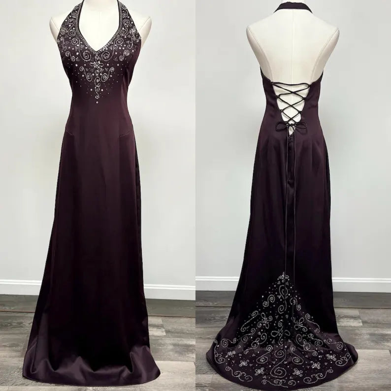 Dark purple retro fashion exquisite beaded long satin floor-length ball gown, evening dress, party dress nv3703