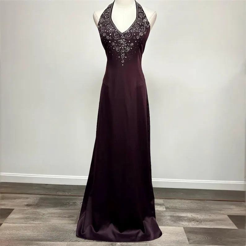 Dark purple retro fashion exquisite beaded long satin floor-length ball gown, evening dress, party dress nv3703