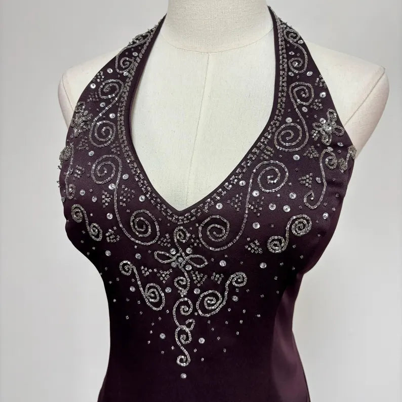 Dark purple retro fashion exquisite beaded long satin floor-length ball gown, evening dress, party dress nv3703