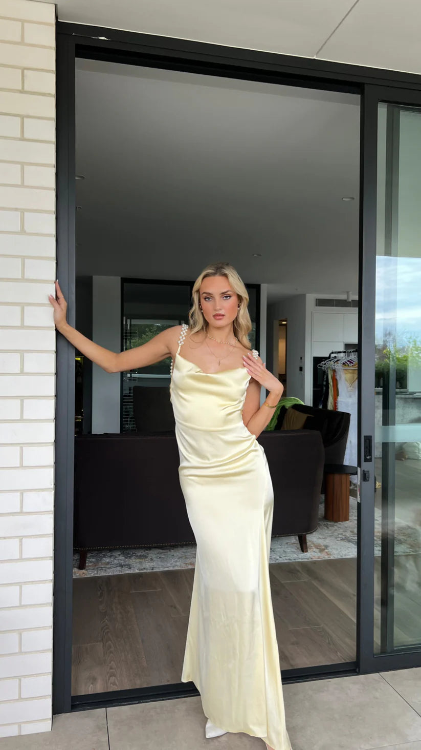 Robe de soirée longue coupe ajustée à perles jaunes nv1976