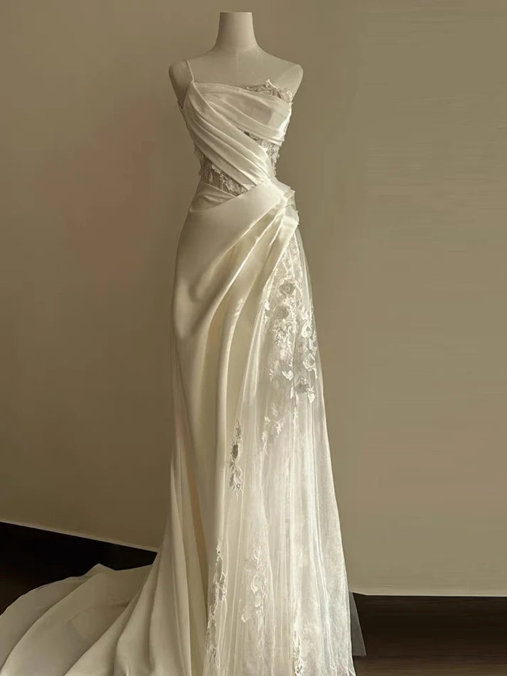 Robe de bal longue en satin blanc ivoire, coupe trapèze, en dentelle délicate, robe de soirée, robe de mariée nv3708