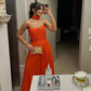 Robe de soirée longue orange unie sans bretelles en coupe A nv2495