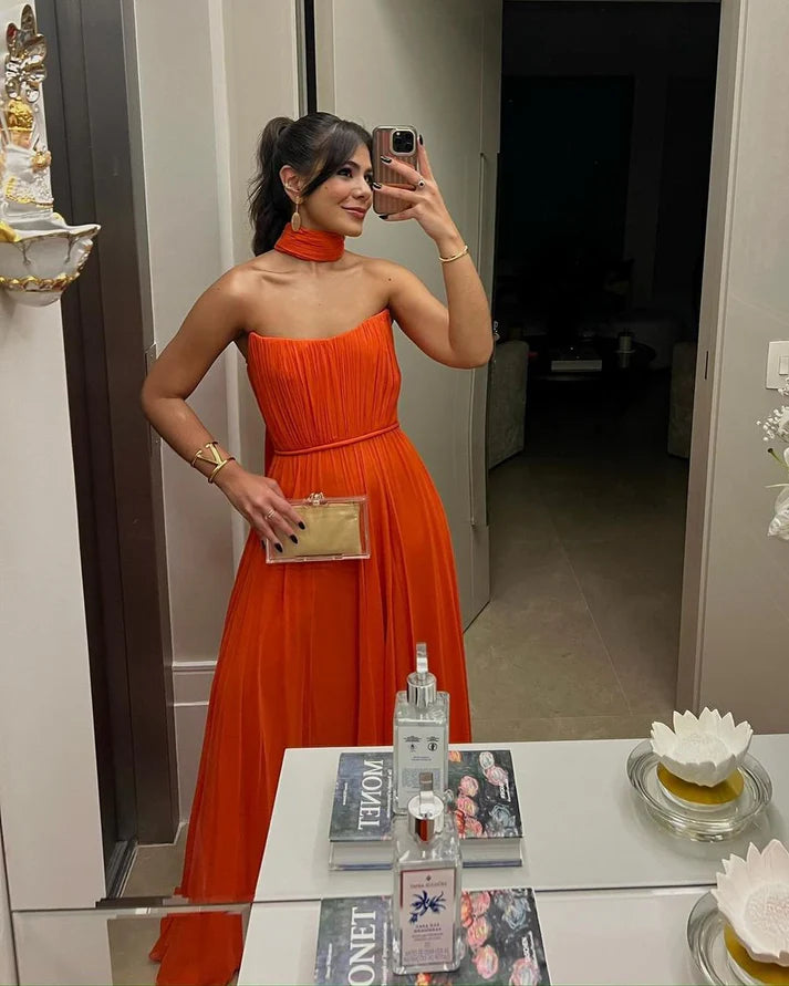 Robe de soirée longue orange unie sans bretelles en coupe A nv2495