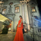 Robe de soirée longue orange unie sans bretelles en coupe A nv2495