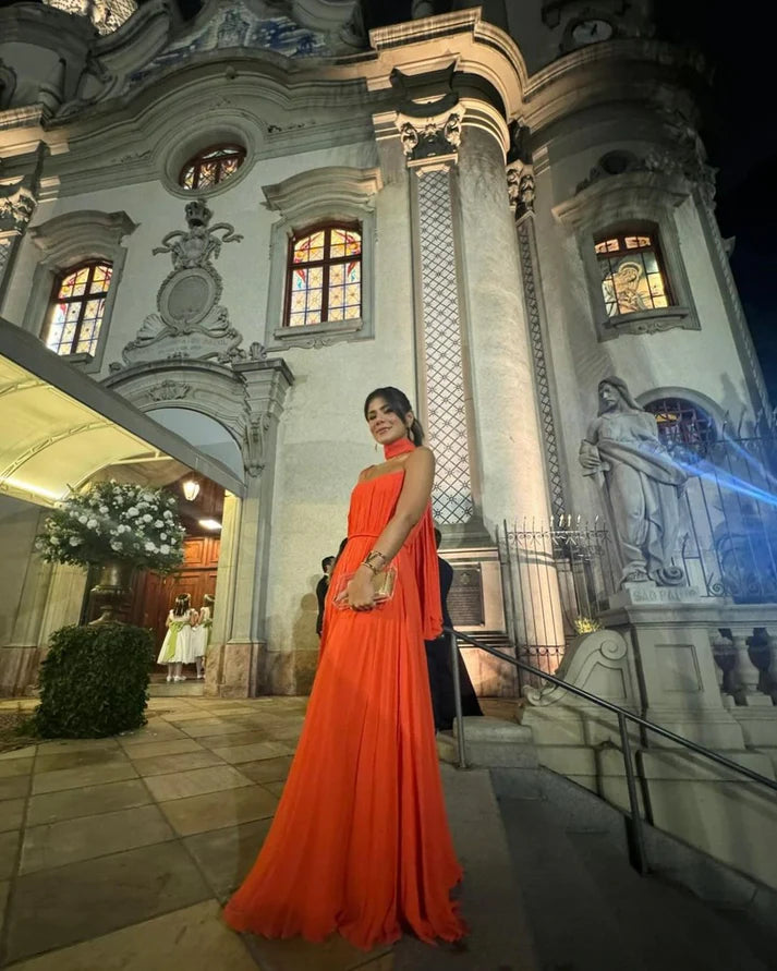 Robe de soirée longue orange unie sans bretelles en coupe A nv2495