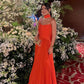 Robe de soirée longue orange unie sans bretelles en coupe A nv2495