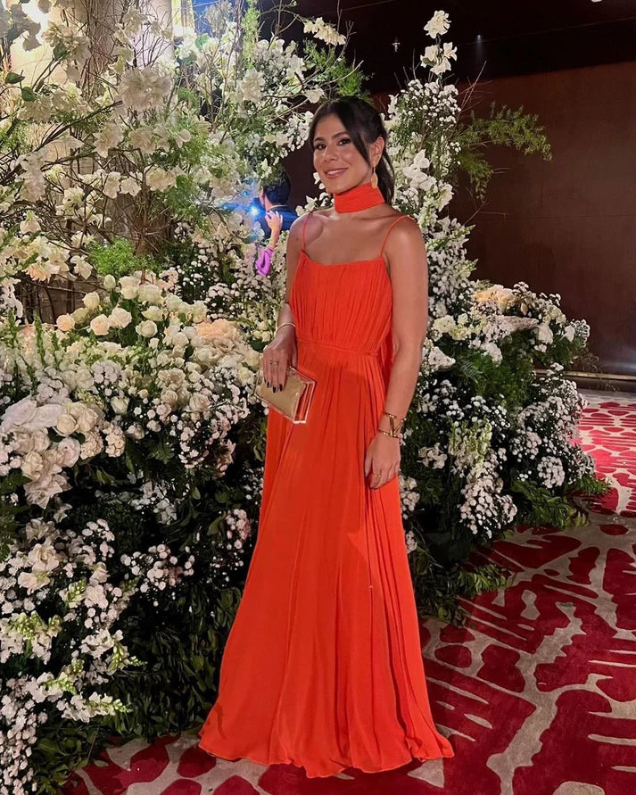 Robe de soirée longue orange unie sans bretelles en coupe A nv2495