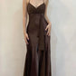 Brown Fashion Simple A-line Suspender Long Satin Formal Party Dress Ball Gown Evening Dress nv3621
