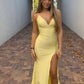 Yellow elegant fashion V-neck long satin mermaid slim fit slit sexy floor-length ball gown, evening dress, party dress nv3706
