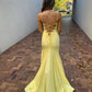 Yellow elegant fashion V-neck long satin mermaid slim fit slit sexy floor-length ball gown, evening dress, party dress nv3706