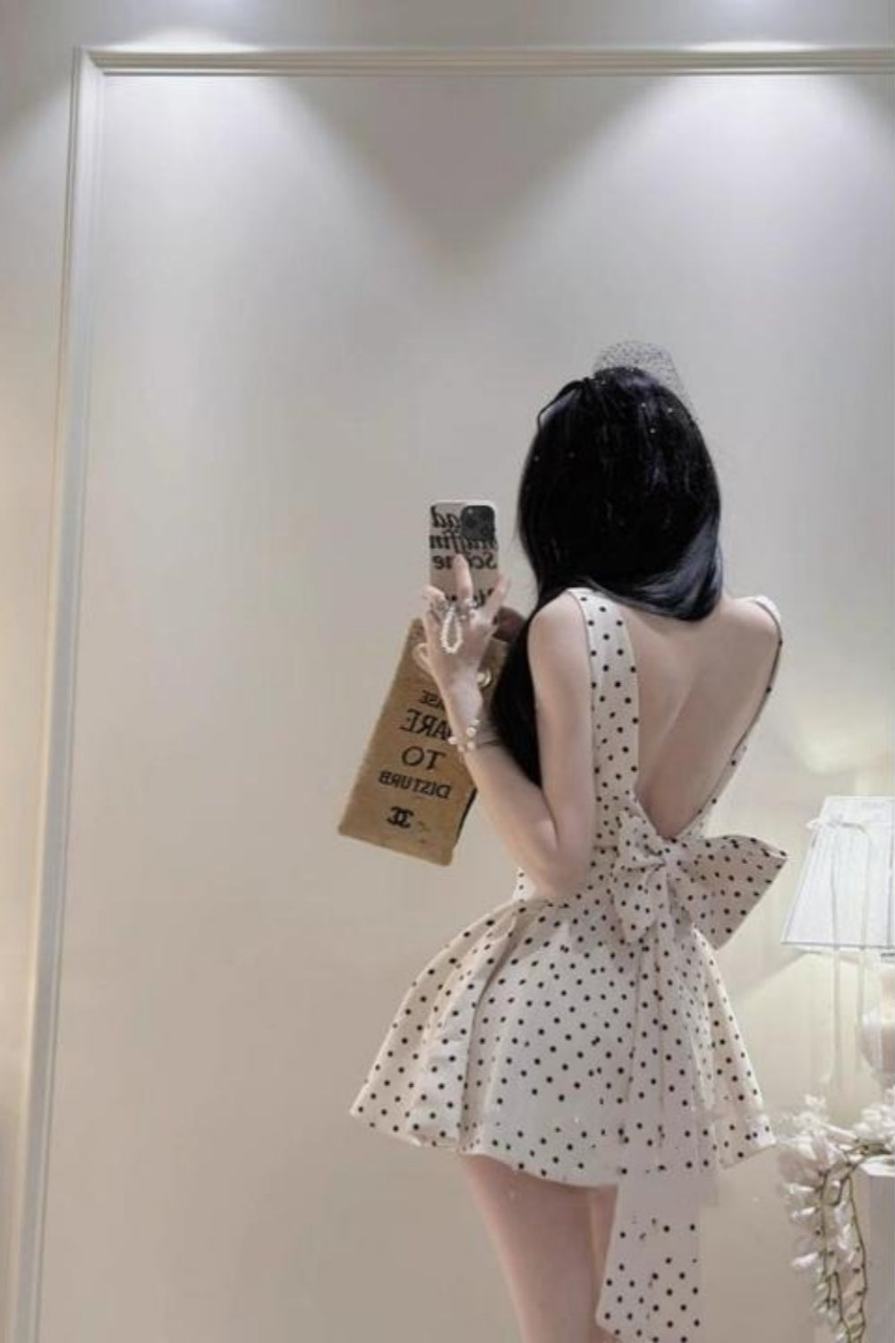Beige Polka Dot Spaghetti Strap Mini Dress - Square Neck Back Bow Party/Date/Light Evening Dress NV6809