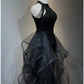 Black Shiny Elegant A-line Floor-length Sequined Ball Gown Evening Dress Prom Dress nv3949
