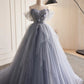 Gray Tulle Long A-Line Prom Dress, Off Shoulder Evening Dress Party Dress nv1432